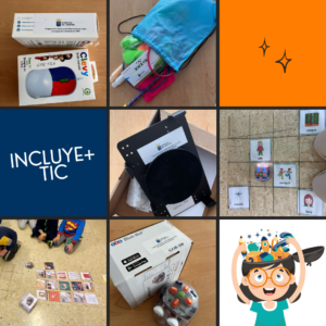 Collage compuesto por fotografías de ratón inclusivo Clevy, bandeja universal para tablet o comunicador con mordaza, bolsa de material reflectante a la luz ultravioleta y robot Blue-Bot con tablero.